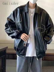 Threebooy Leather Jacket Unisex Trend Hong Kong Style Original Personality Handsome Locomotives Leather Jacket Men Women PU Coat