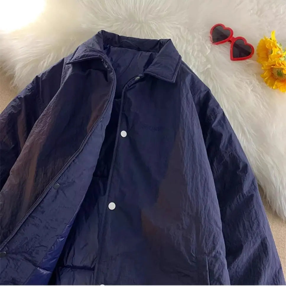Threebooy Thickened Winter Parkas Japanese Large Size Retro Workwear English Letters Padded Coat Loose Lapel Warm Button Up Coat
