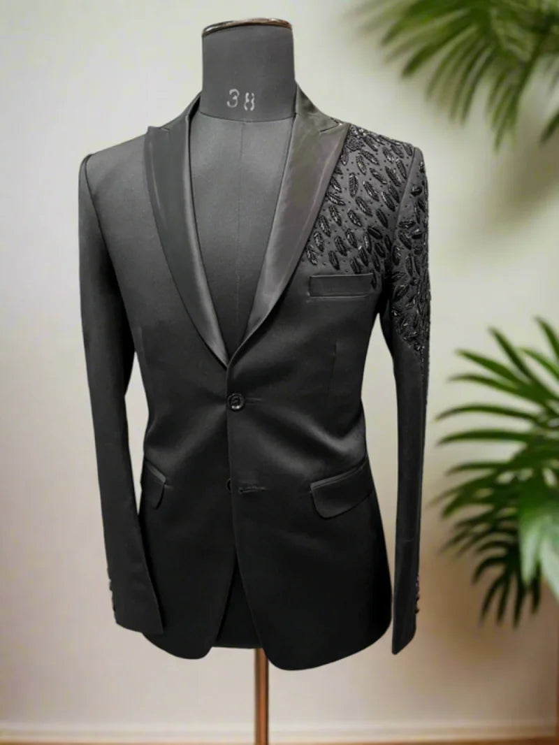 Threebooy  Luxury Beaded Men Suits Slim Fit 2 Piece Jacket Pants Peaked Lapel Single Breasted  Groom Wedding Tuxedos Formal Prom