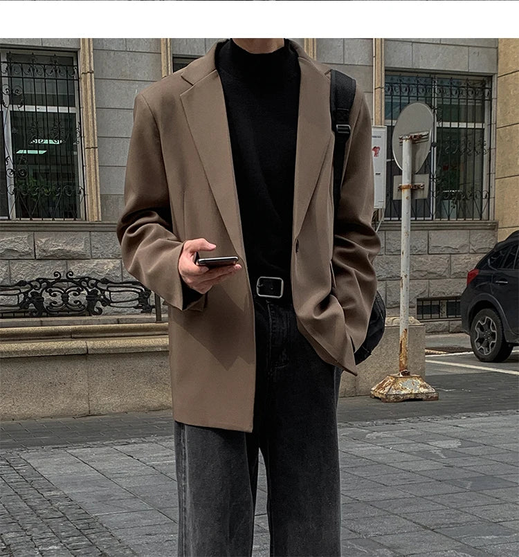 Threebooy Oversized Korean Style Men's Loose Casual Small Suit, Men's 2024 Autumn New Padded Shoulder Suit Jacket Unisex Top