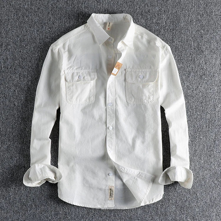 Threebooy  British Style Retro Long Sleeve Shirt Coat Men Spring  Autumn Twill Cotton Versatile Solid Color Male Cargo Work Shirts