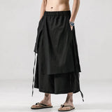 Threebooy Mens Double Layer Irregular Chinese Style Casual Culottes Genderless 2024 New Fashion Retro Solid Color Wide Leg Pants Unisex