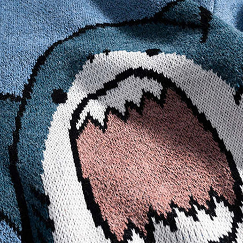 Threebooy Shark Sweater Men Winter Cartoon Harajuku Korean Y2k Oversized Turtleneck Hip Hop Loose Knit Jumper Pullover High Collar Sweater