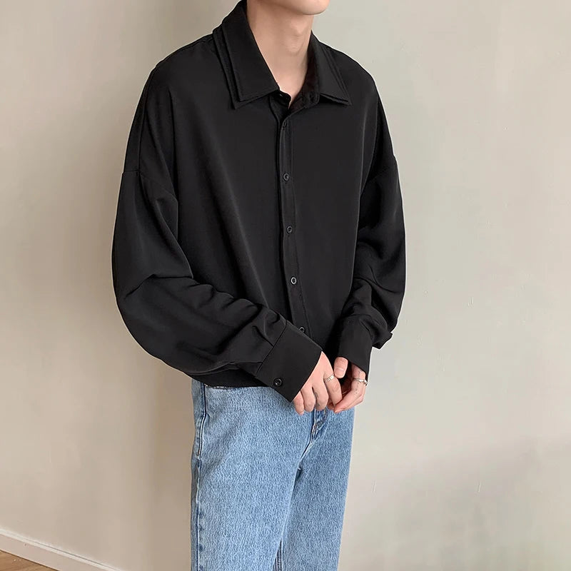 Threebooy Long sleeve shirt men Double Collar Ice Silk Shirt Men Vintage Wine Red Shirts Men Korean Comfortable Blouse Casual Loose Shirt
