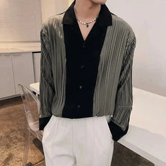 Threebooy Mens Patchwork Contrasting Pleated Long-Sleeved Shirt 2024 New Genderless British Elegant Fashion Retro Loose Shirt Unisex