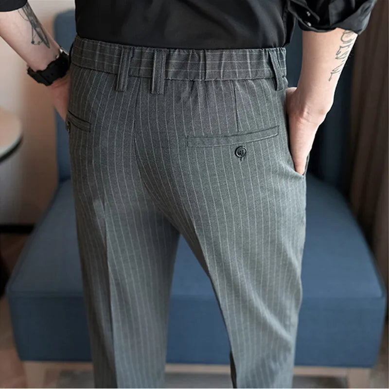 Threebooy Autumn Winter Men Fashion Business Casual Suit Pants Male Stripe Pants Men Slim Fit Straight Trousers