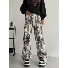 Threebooy Beige Casual Pants Men Fashion Retro Straight Pants Men Streetwear Hip-hop Loose Tie Dye Pants Mens Vintage Trousers M-3XL