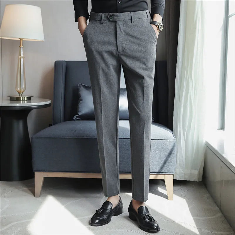 Threebooy British Style New Solid High Waist Suit Pant Men Business Formal Wear Trousers High Quality Slim Casual Office Suit Pants 28-38