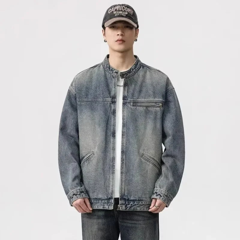 Threebooy Vintage Denim Jacket Men's Loose-Fit High-End Feel American Style Distressed Washing For Autumn Trendy Workwear