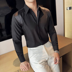 Threebooy  British Style PU Patchwork Shirt for Men Large Lapel Long Sleeve Shirt Casual Business Dress Shirts Social Party Banquet Shirt