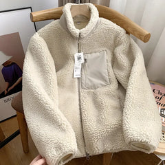 Threebooy Autumn Winter Lambswool Coat Male Loose Windproof Warm Sherpa Stand Collar Polar Fleece Jacket Unisex Simple  Pocket Spliced Top