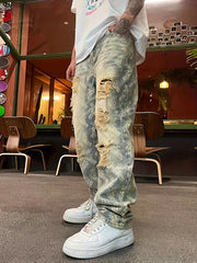 Threebooy  American-Style Streetwear Washed Vintage Ripped Jeans for Men, Spring and Autumn Straight Loose Fit, European and American High Street Vibe Style Long Pants