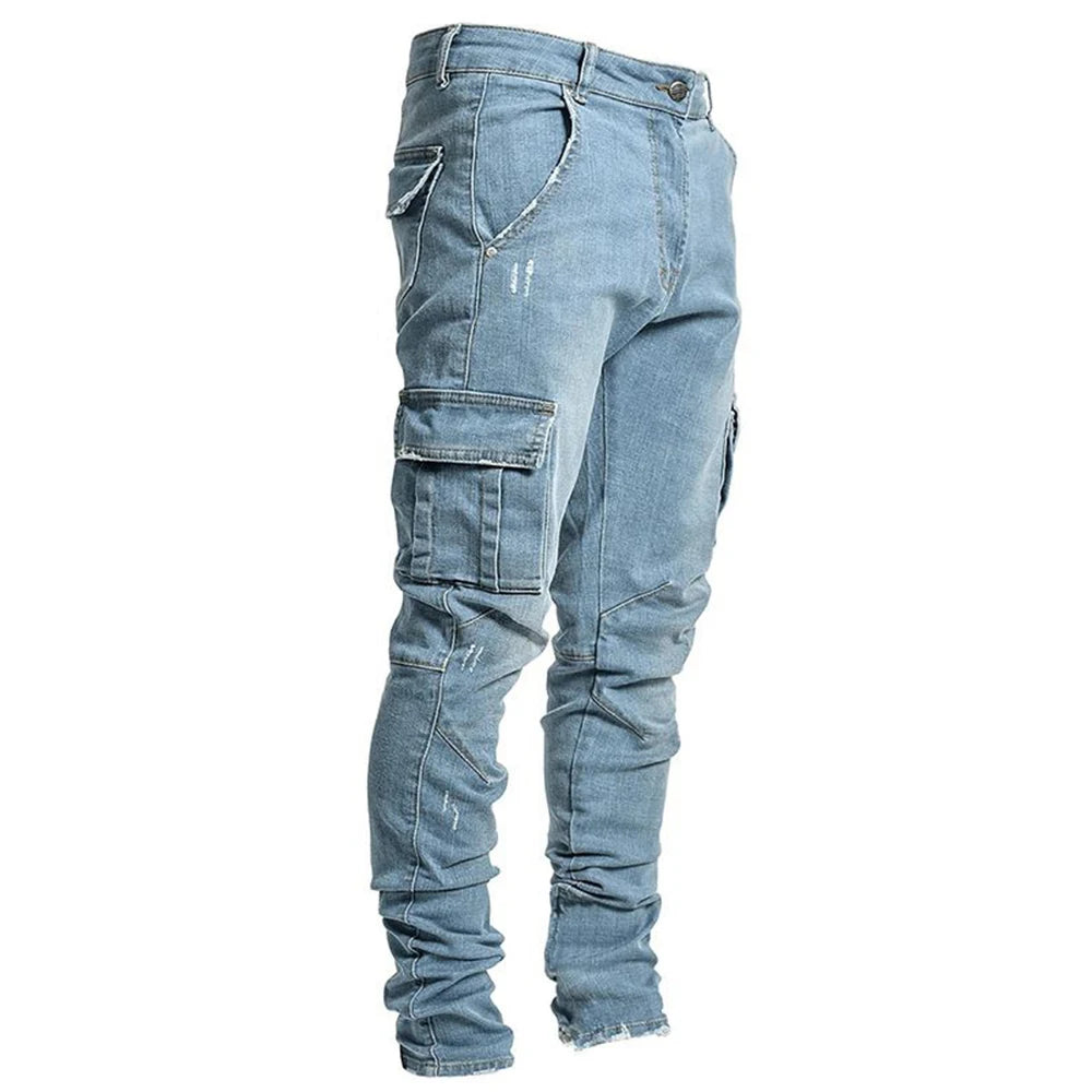 Threebooy Street Elastic Jeans Men Denim Cargo Pants Wash Solid Color Multi Pockets Casual Mid Waist Trousers Slim Fit Daily Wear Joggers