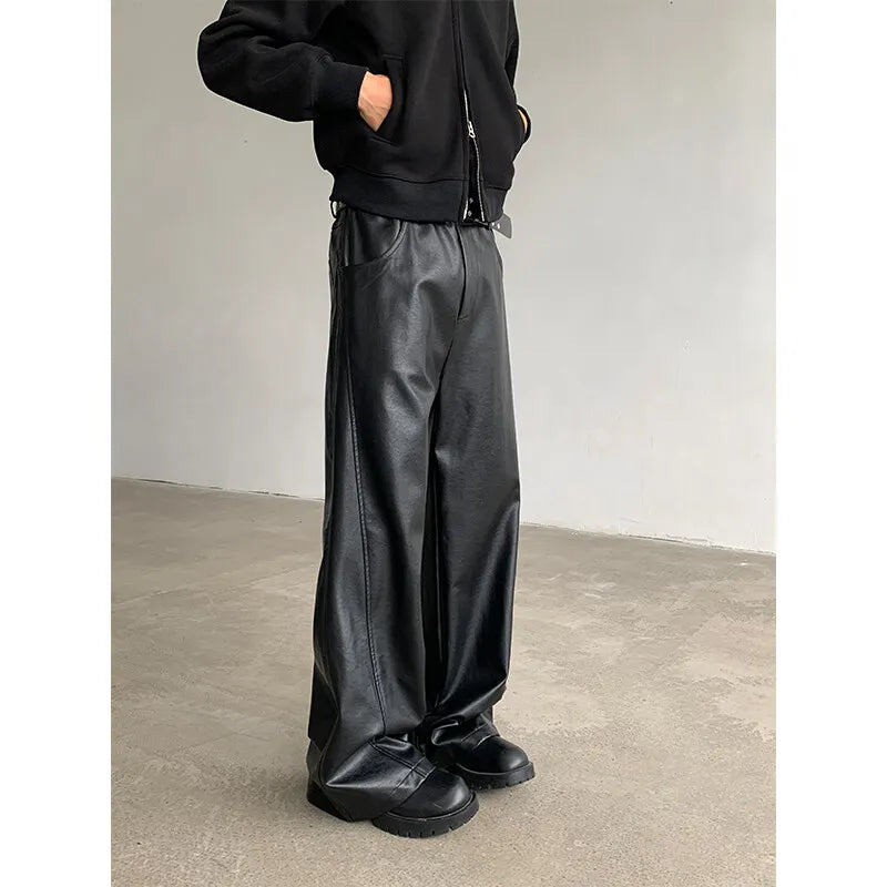 Threebooy PU Leather Pants men Straight Spring Men's Punk Fashion Hip Hip Men Wide-leg Mopping Trousers Windproof Dark Brown/Black