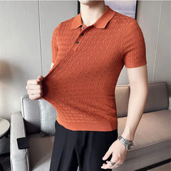 Threebooy  Stretch Slim Polo Shirts Summer Solid Color Casual Lapel Short Sleeve Plaid T-Shirt Brand Men's Clothing Knit Polo Shirts