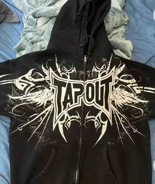 Threebooy Oversized Black Hoodies Sweatshirt Clothes Tapout Zip Hoodie Mens Womens Y2K Gothic Retro Graphic Letter Tops Streetwear