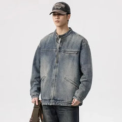 Threebooy Vintage Denim Jacket Men's Loose-Fit High-End Feel American Style Distressed Washing For Autumn Trendy Workwear