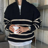 Threebooy Men's Clothing Business Zip-up Knit Sweater Male Coat Zipper Striped Jacket Collared Pullovers T Shirt Korean Fashion Neck