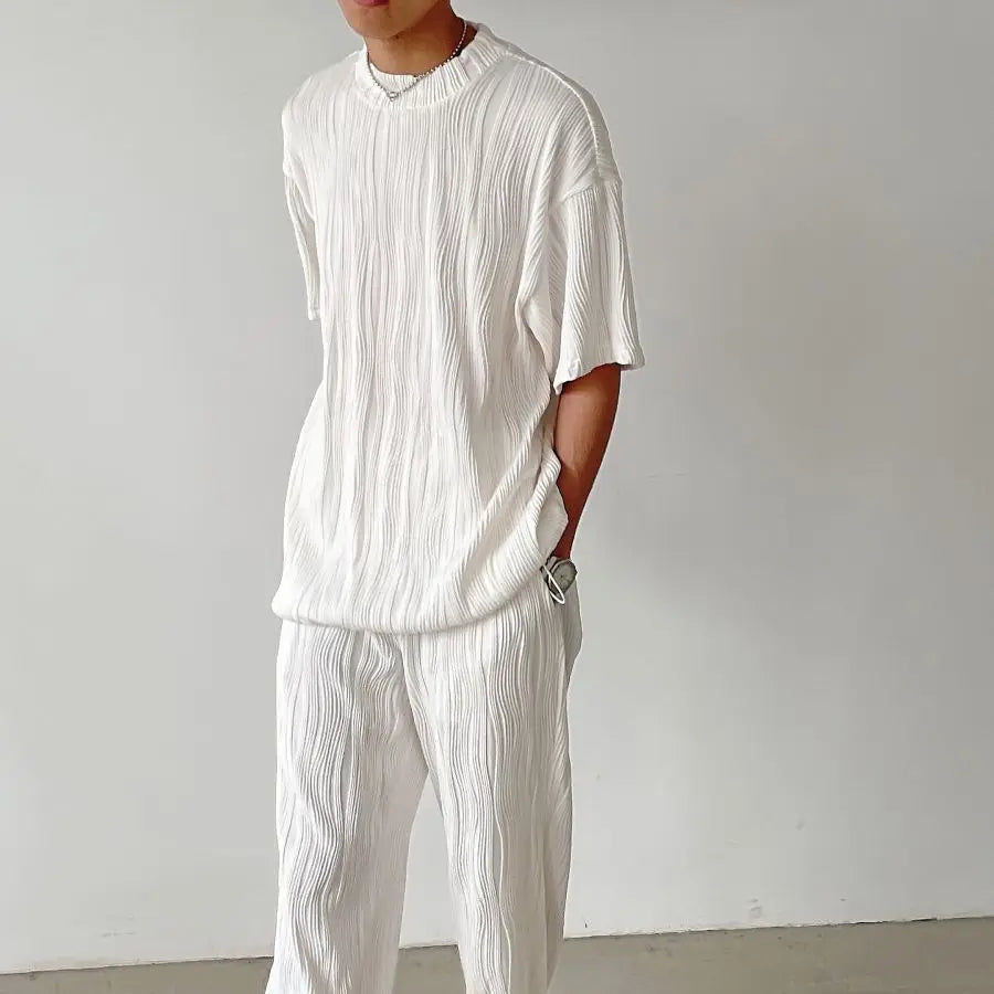 Threebooy Mature Style Two-piece Set of Wavy Pleated Short-sleeved T-shirt Men's Loose Casual Straight-dial Long Trousers Tracksuit Summer