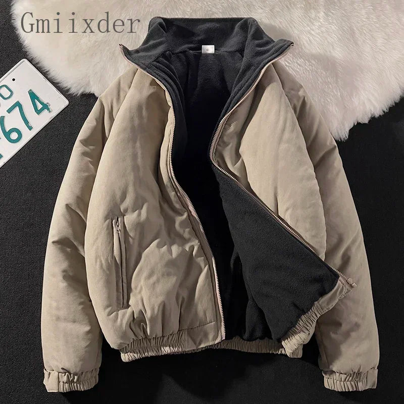 Threebooy Japan Standing Collar Padded Jacket Vintage Cityboy Men's Plush Parkas American Retro Hong Kong Style Winter Jacket Cargo Coat