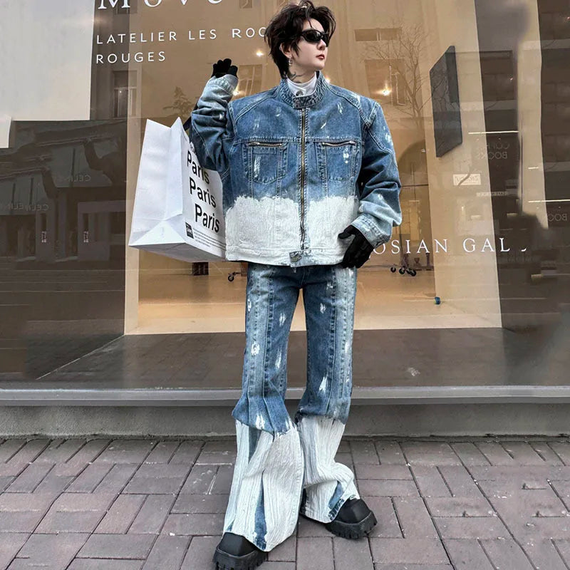 Threebooy Men's New 2-Piece Bleached Faded Denim Set