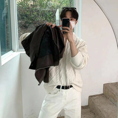 Threebooy Diamond Graphics Textured Twist Zipper Men Cardigan Light Luxury Lapel Long Sleeve Sweater Coats Premium Quality Knitted Jackets