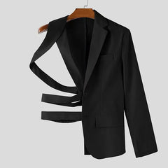 Threebooy  Spring Fashion Men Irregular Blazer Lapel One-shoulder Long Sleeve Button Hollow Out Casual Suit Men Streetwear Thin Coats