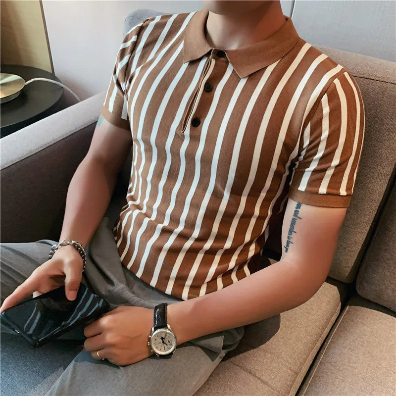 Threebooy Men Ice Silk Thin Openwork Knit Lapel Short Sleeve Men's T Shirt Slim Hole Polo Shirt Blue/ Mens Polo Shirts with Short Sleeve