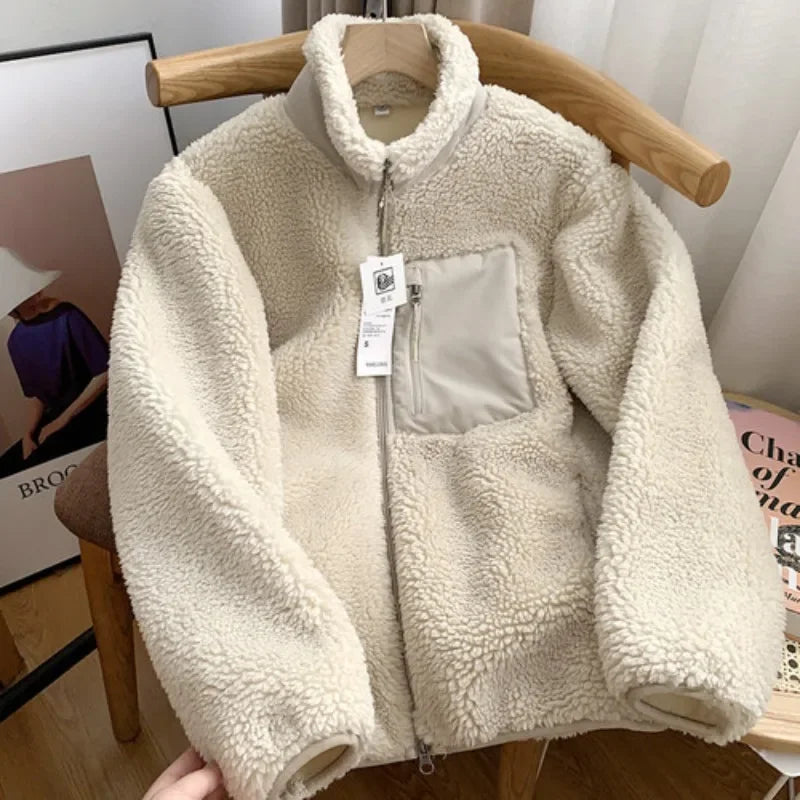 Threebooy Autumn Winter Lambswool Coat Male Loose Windproof Warm Sherpa Stand Collar Polar Fleece Jacket Unisex Simple  Pocket Spliced Top