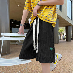 Threebooy Loose Beach Shorts Thin Summer Sports Straight Wide-leg Casual Pants Oversize Green Label Solid Pleated Five-point Pants Men