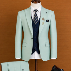 Threebooy  Men Mint Green 3 Piece Suit Contrast Navy Vest Slim Fit Blazer Trousers Set Formal Wedding Business Male Outfit
