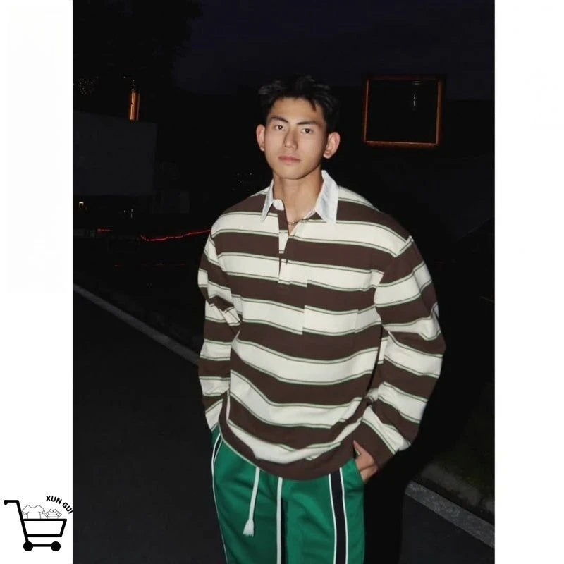 Threebooy Autumn American Retro Striped POLO Shirt Men's Trend High Street Vintage Top High-end Casual Loose Sweatshirt Preppy Lapel Shirt
