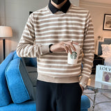 Threebooy  Fake 2 Pieces Shirt Neck Stripe Knitting Sweaters/Male Slim High Quality Casual Pullover/Man Fashion Knit Shirt Size S-4XL