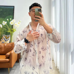 Threebooy Men Sheer Floral Shirt Fashion Sexy Mesh See-through Long Sleeve Shirts Summer Casual Blouse Neutral Thin Loose LGBT Clothing