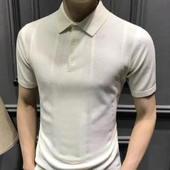 Threebooy  Business Casual Men Polo Shirts Summer New Solid Lapel Button Streetwear Fashion Office Social Long Sleeve Knitted T-shirt Tops