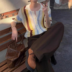 Threebooy New Trend Men Striped Cardigan Tops Vintage Light Luxury Hollow Out Knitted Shirts Lazy Style Summer Casual Short Sleeve Blouse