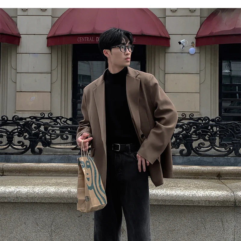 Threebooy Oversized Korean Style Men's Loose Casual Small Suit, Men's 2024 Autumn New Padded Shoulder Suit Jacket Unisex Top