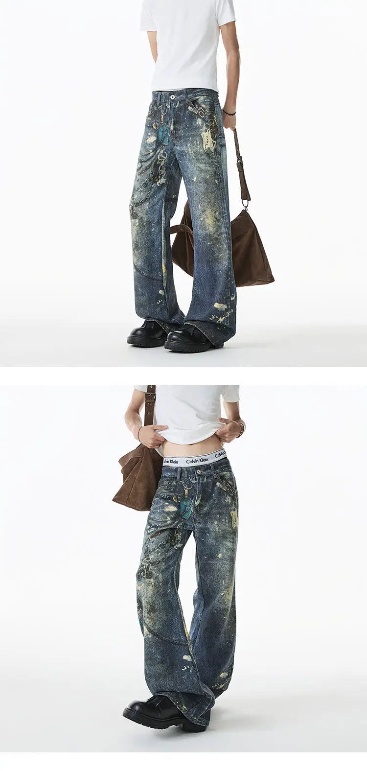 Threebooy Jean Men Unique Design Graffiti Street Style Drag Jeans Urban Trendy Fashion Distressed Long Fit Casual Denim Pants Edgy Hip Hop