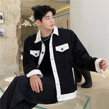 Threebooy Fashion Menswear Chic Black And White Color Block Spliced Jacket Lapel Light Silk Tweed Coat Autumn Winter New Cloth