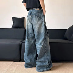 Threebooy Korean Version Men'S Curved Knife Jeans With Loose Retro Design Straight Leg Pants Casual Large Pocket Wide Leg Pants