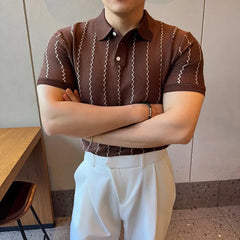 Threebooy  Summer Striped Men's Knitted T-shirt Ice Silk Short Sleeved Polo Shirt Men Casual Business Streetwear Tee Tops Men Clothing