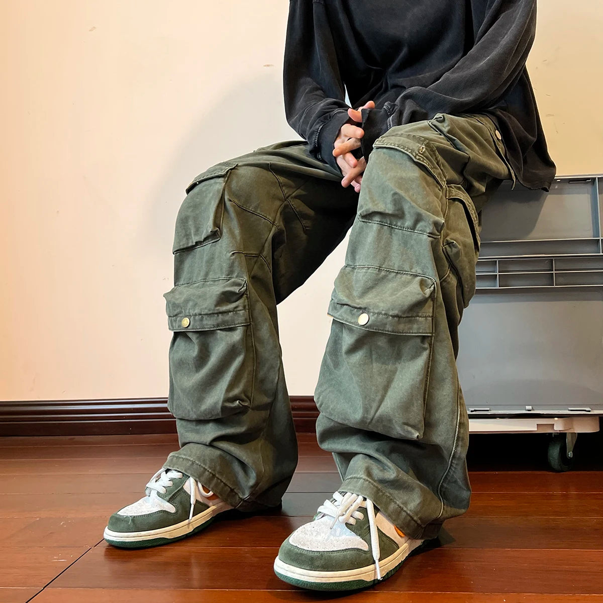 Threebooy Multi-pockets Cargo Pants Harajuku Streetwear Casual Tooling Pant Men's Hip-hop Mopping Trousers Vintage Daily Wide Leg Pants