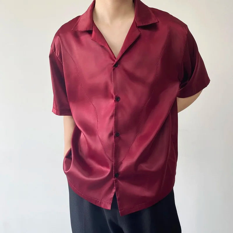 Threebooy Summer Men's Stylish Shirt Cuban collar Satin Silk Wine Red Dress Shirts Short Sleeve Tops Wedding Prom Party Holiday Blouse Man