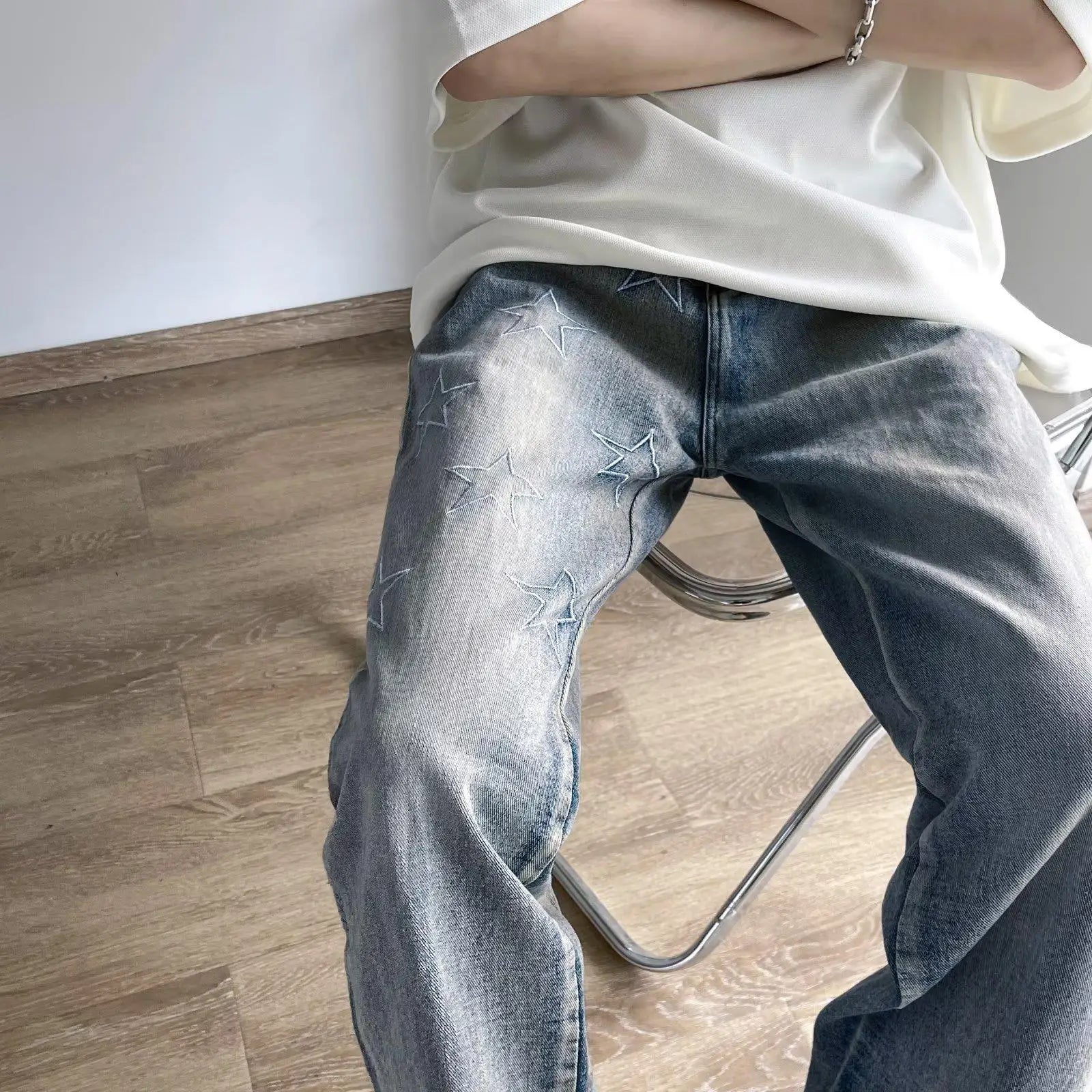 Threebooy Embroidery New Slim Jeans Y2K Pants Men Clothing Ankle Zipper Straight Washed Black Hip Hop Denim Trousers Ropa Hombre