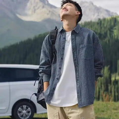 Threebooy Spring Autumn Fashion Washed Striped Denim Long Sleeve Shirt Men's Japanese Casual Cityboy Shirt Jacket Jacket Aesthetic Chic