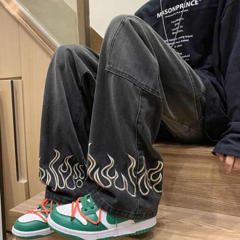 Threebooy  Men's Fashion Flame Embroidery Jeans Neutral Wide Denim Pants Baggy Straight Youth Casual Hip Hop Trousers Male Trendy Brand