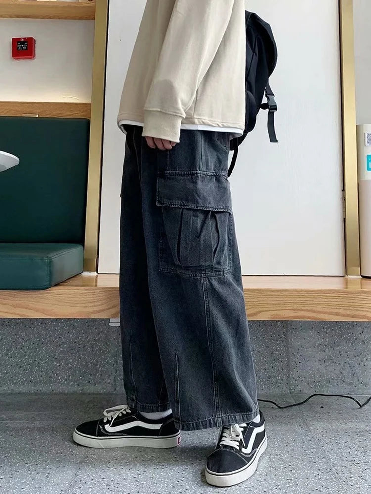 Baggy Jeans Men's Oversize Streetwear Fashion Wide Leg Cargo Pants Hip Hop Harajuku Multi-Pocket Denim Trousers Black Blue