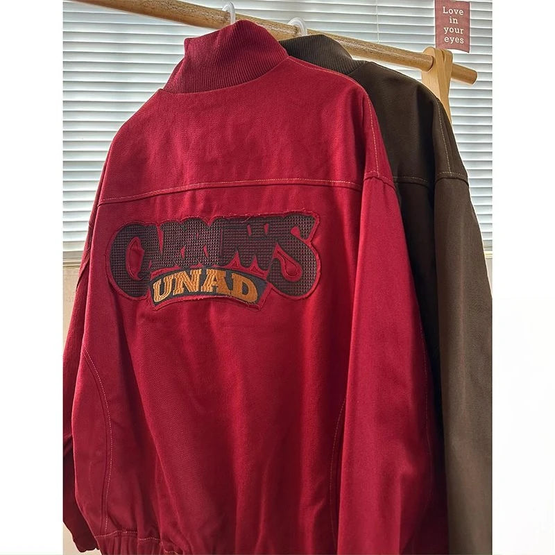 Threebooy American Retro Trend College Style Patch Embroidered Lapel Jacket Men Women Fashion Loose Casual Versatile Jacket Trendy Tops