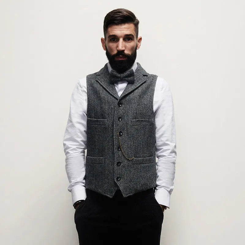 Threebooy Autumn Winter Men's British Waistcoat Retro Herringbone Slim Tweed Suit Vest Heavy Button Jacket Men Aesthetic Sleeveless Coat