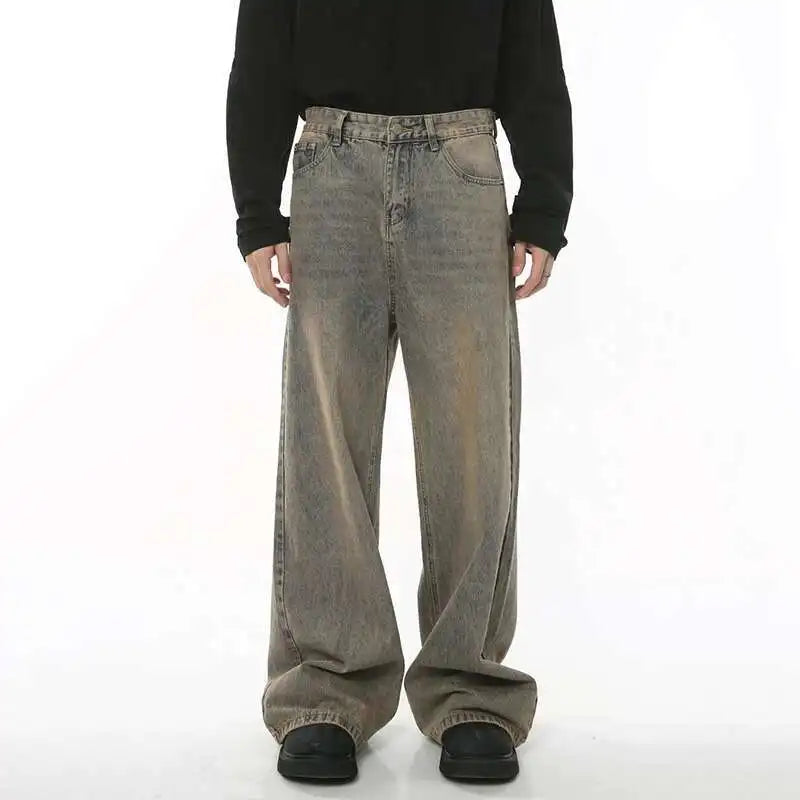 Threebooy  Spring Men's Baggy Jeans Worn Out Loose Wide Leg Denim Pants Chic Distressed Streetwear Vintage Male Trousers